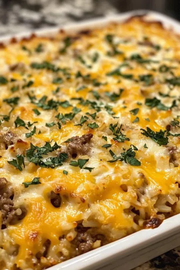 cheesy ground beef and rice casserole taken with iphone 15 pro max --iw 2 --ar 4:5 --v 6.1 --raw