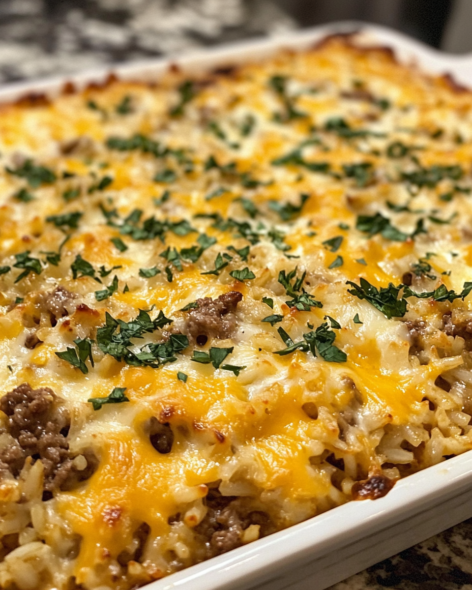 Cheesy ground beef and rice casserole fresh and ready to serve