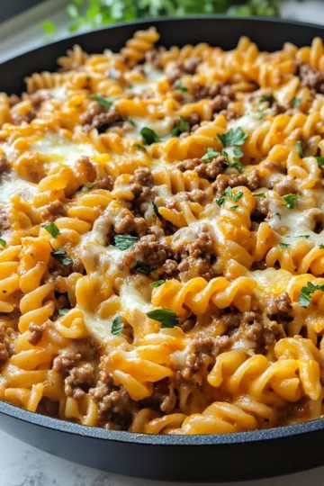 cheesy ground beef pasta skillet taken with iphone 15 pro max --iw 2 --ar 4:5 --v 6.1 --raw