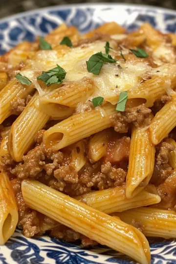 cheesy penne with garlic butter ground beef taken with iphone 15 pro max --iw 2 --ar 4:5 --v 6.1 --raw