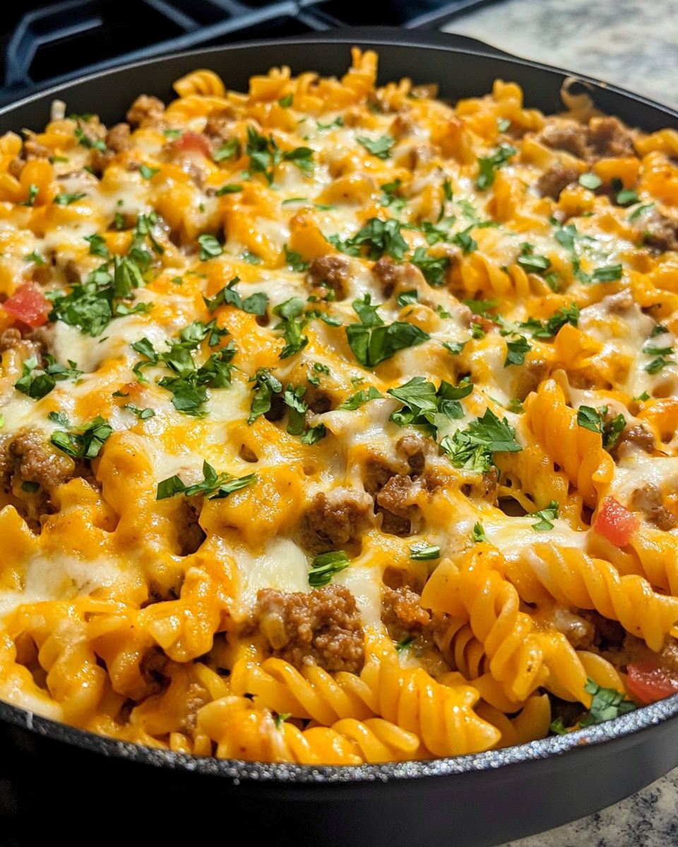 Ingredients for cheesy taco pasta including ground beef, salsa, taco seasoning, and pasta