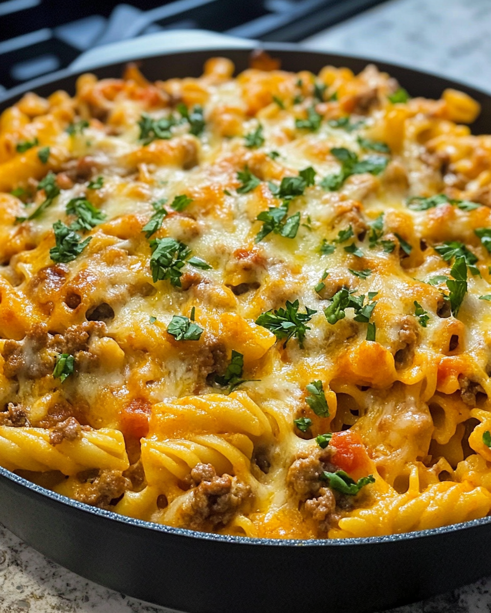 Cheesy taco pasta mixed and melted in the pot after cooking