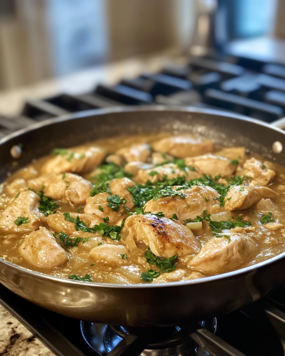 Ingredients for chicken and gravy laid out on a kitchen counter