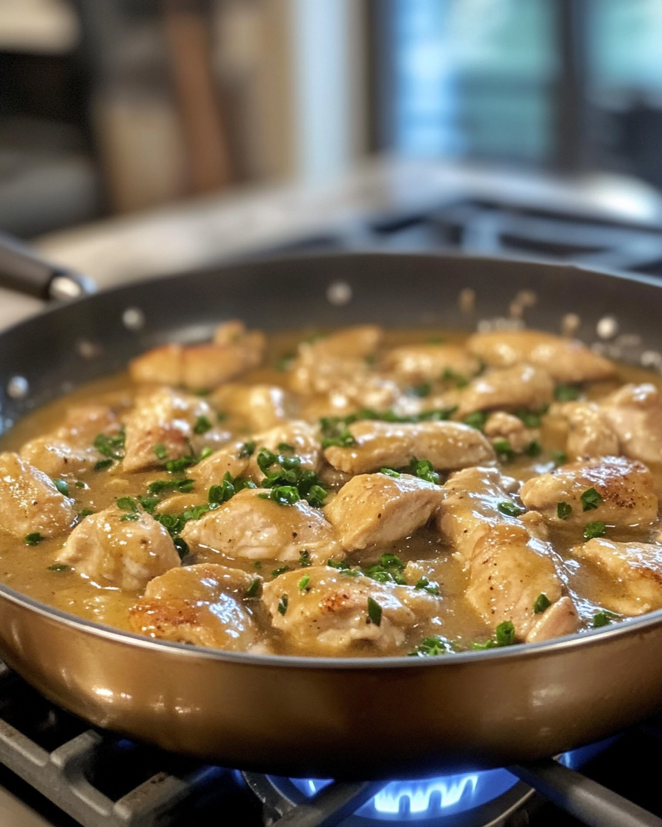 Finished chicken and gravy served over mashed potatoes