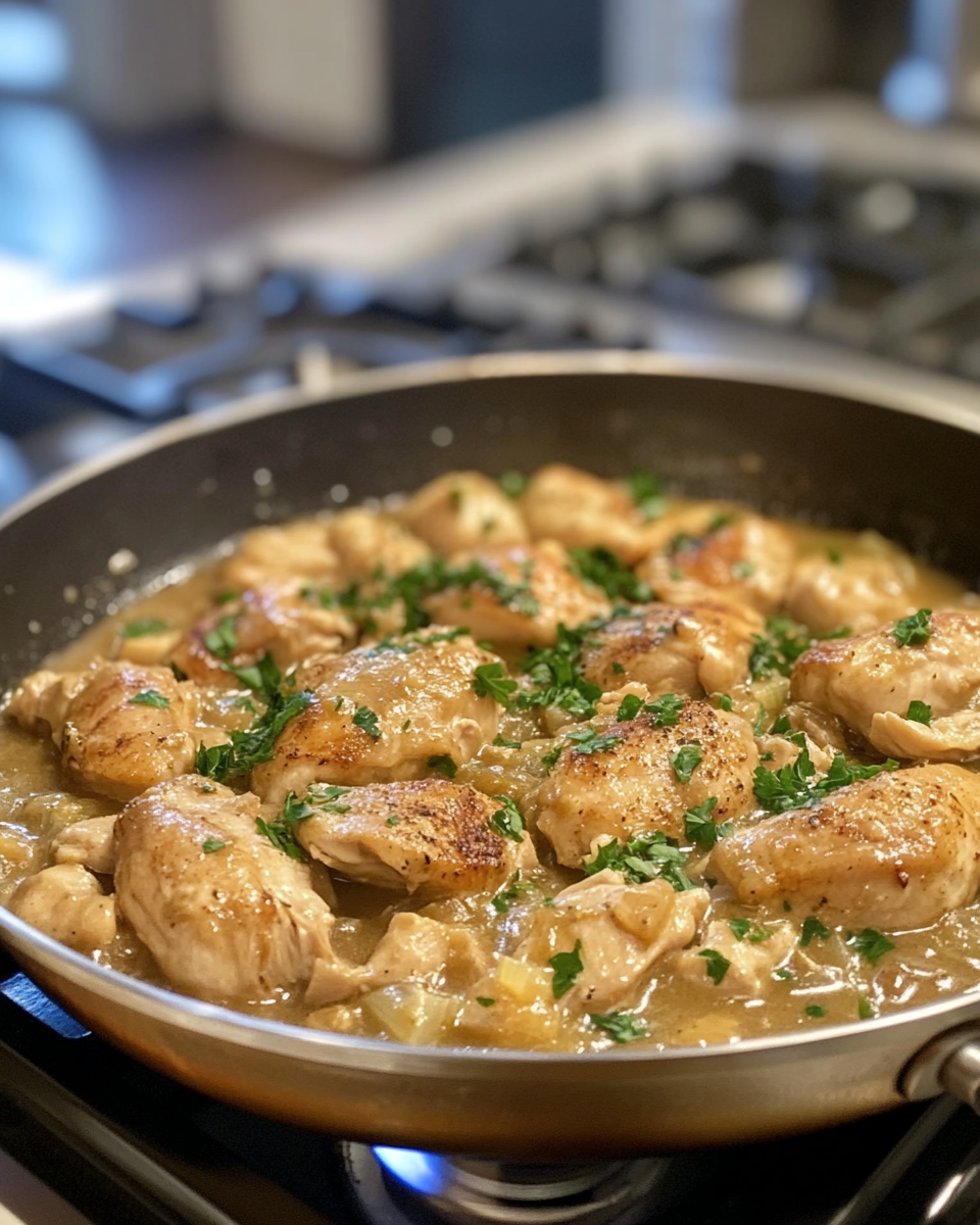 Close-up of chicken and gravy cooking in a skillet