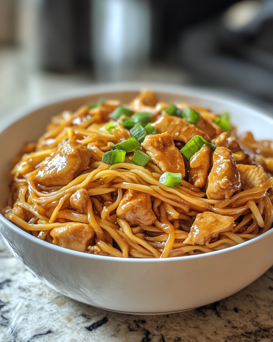 Ingredients including chicken, cabbage, noodles, and sauces for chow mein