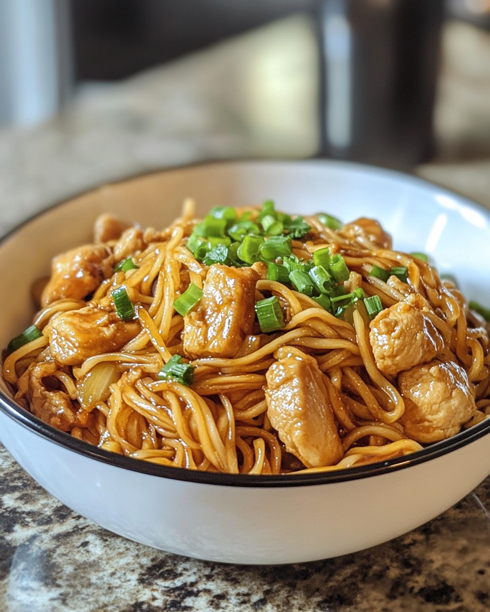 Delicious final chicken chow mein dish served hot and fresh
