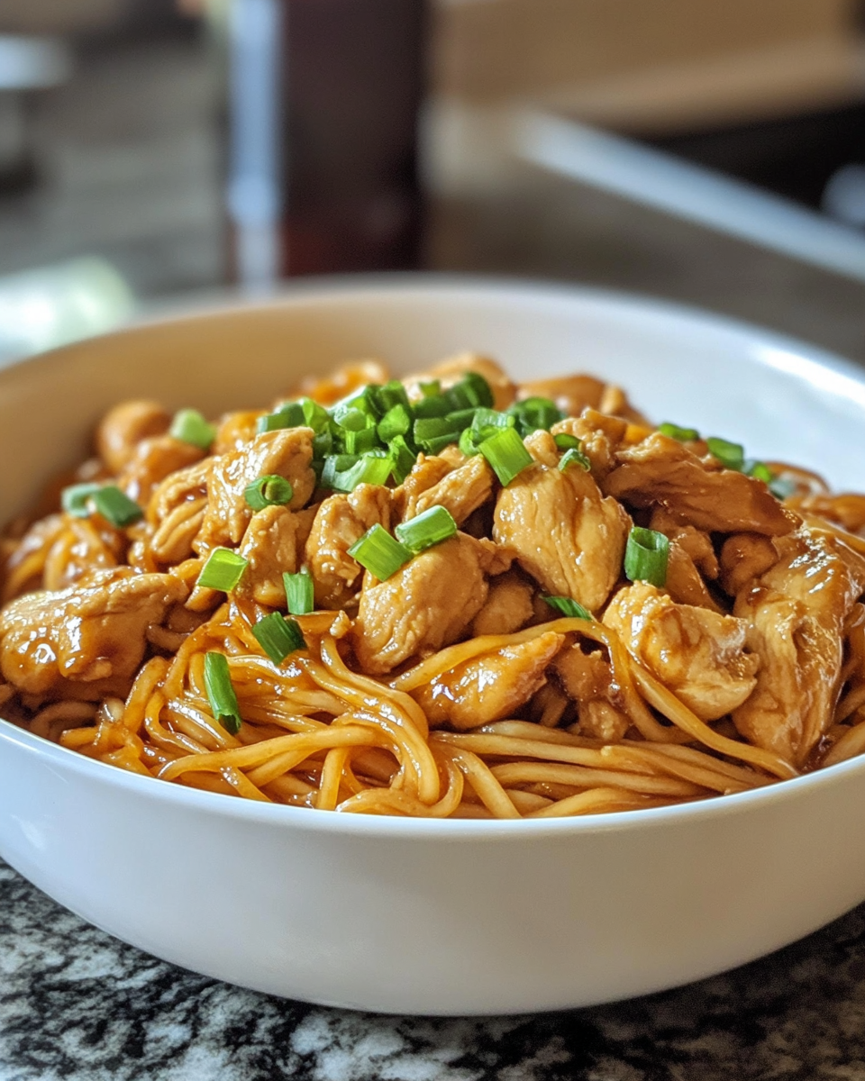 Steaming pot of chicken chow mein with garlic and soy sauce aroma