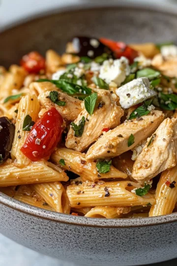 Chicken Feta Greek Pasta Recipe | Easy Mediterranean Dinner taken with iphone 15 pro max --iw 2 --ar 4:5 --v 6.1 --raw