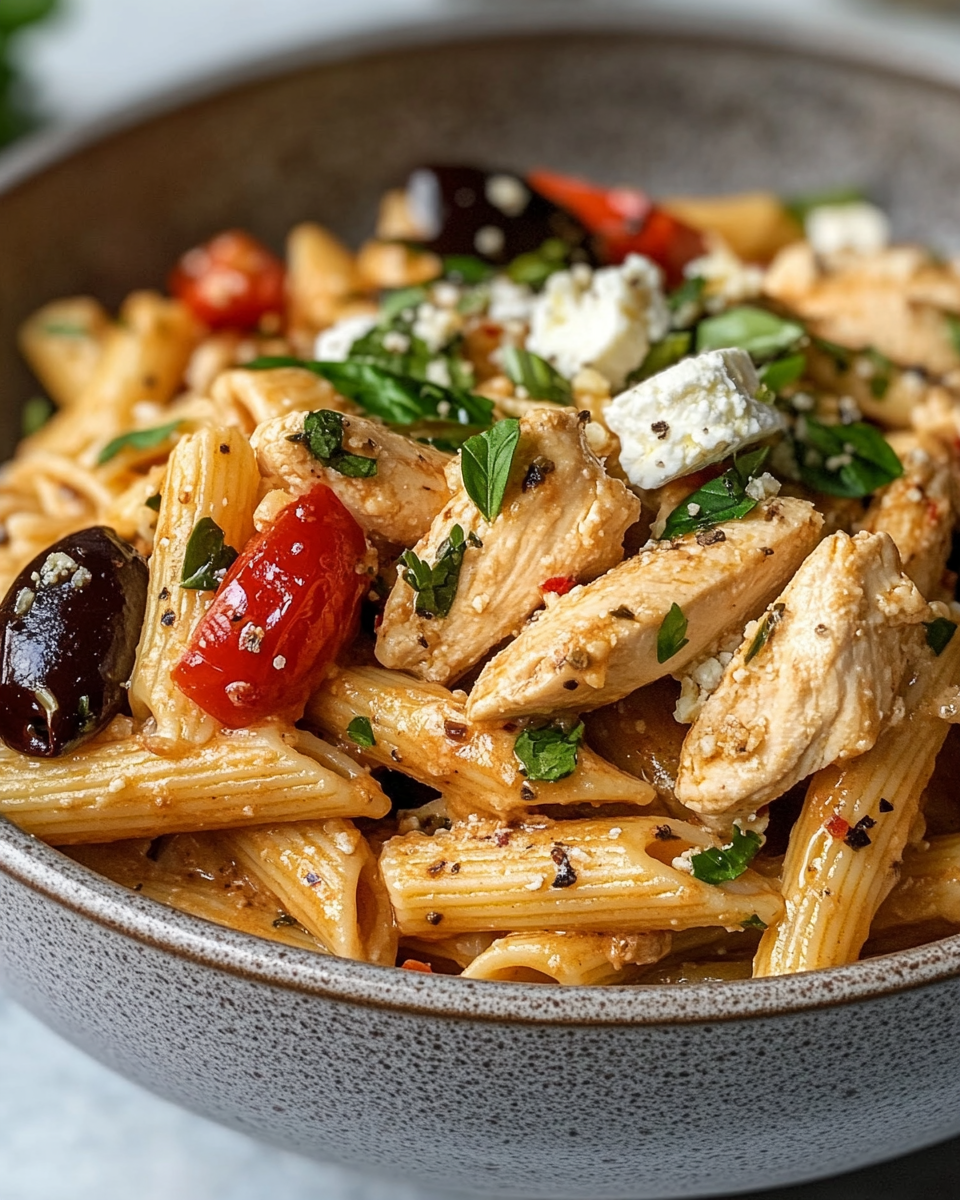 Close up of steamy chicken feta Greek pasta in pressure cooker