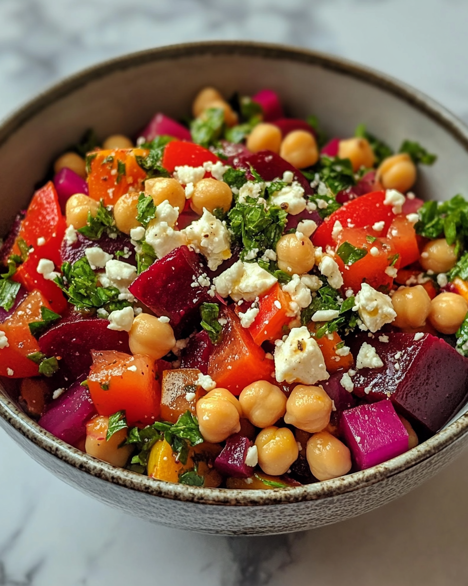 Ingredients of chickpea and quinoa salad including fresh vegetables and seasoning