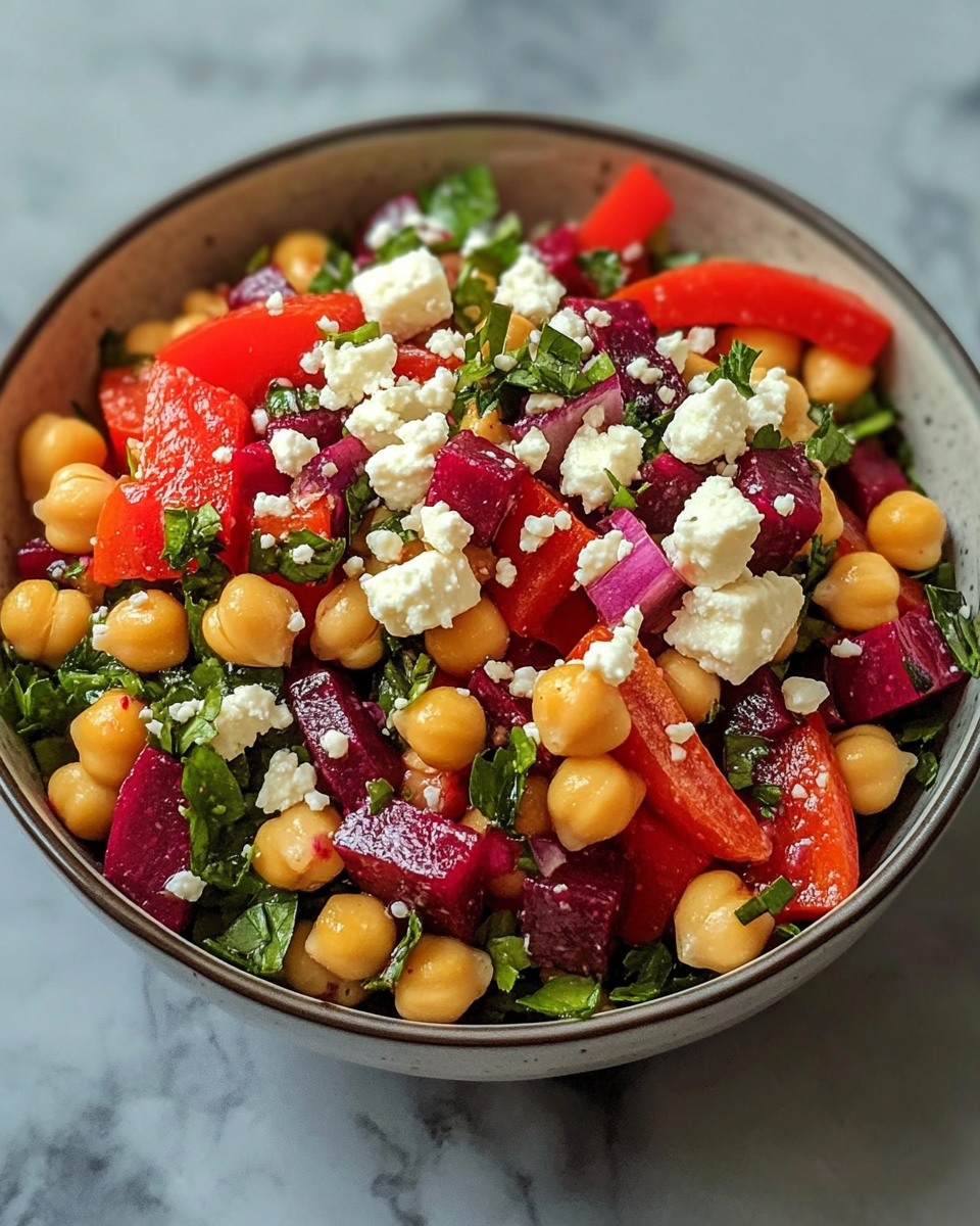 Close-up of finished chickpea and quinoa salad served fresh