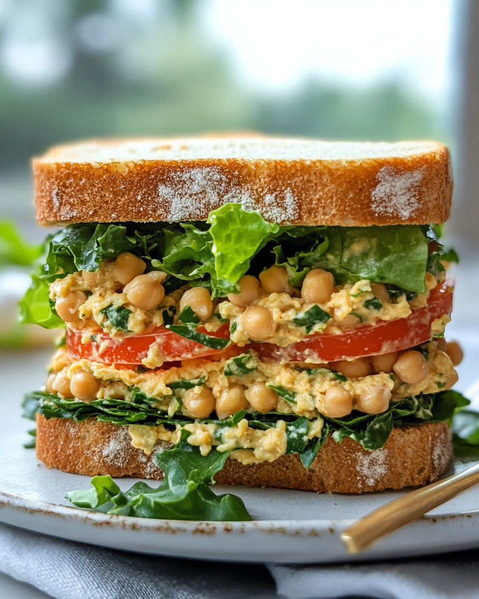 Ingredients for chickpea salad sandwich spread including fresh herbs and vegetables