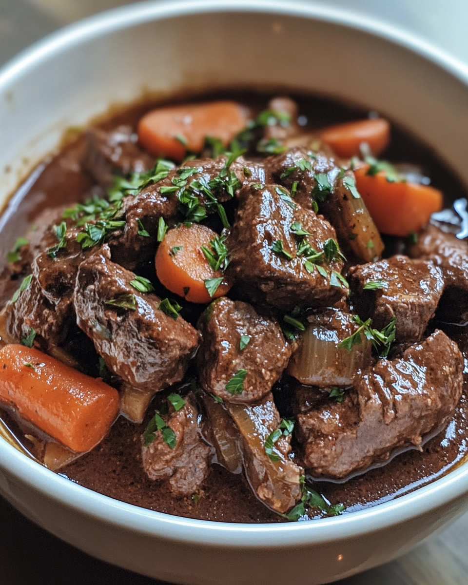 Classic beef bourguignon pot simmering with rich aromas