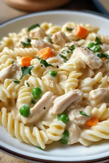 classic chicken pot pie pasta taken with iphone 15 pro max --iw 2 --ar 4:5 --v 6.1 --raw