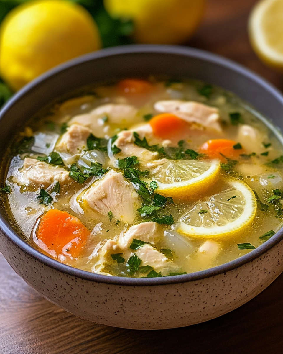 Finished bowl of Greek lemon chicken avgolemono soup with shredded chicken, rice, and fresh parsley garnish