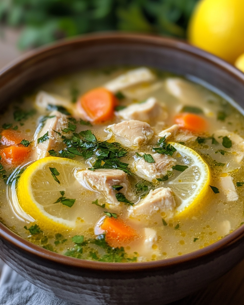 Hearty classic Greek lemon chicken avgolemono soup in bowl with lemon and parsley garnish