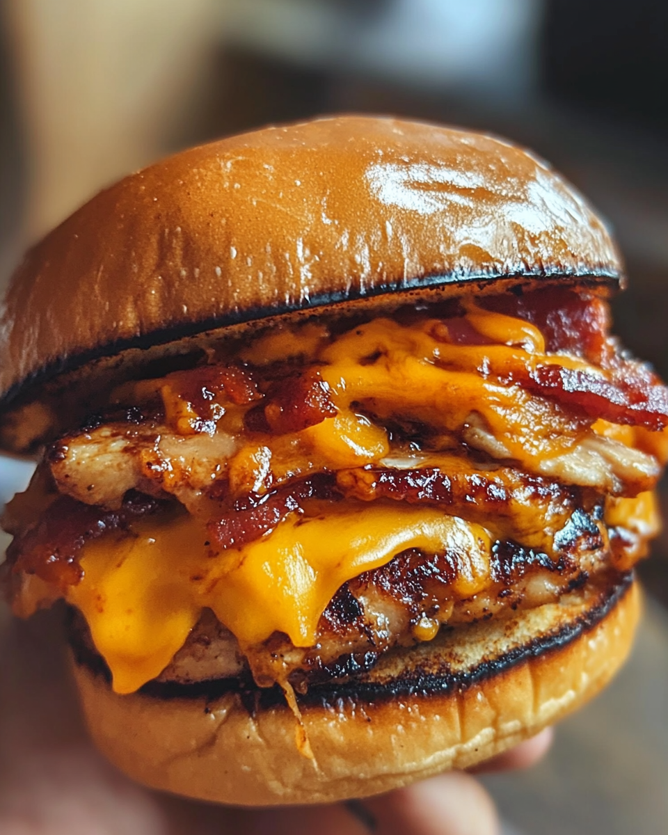 Finished BBQ bacon cheddar chicken plated with melted cheese and green onion garnish