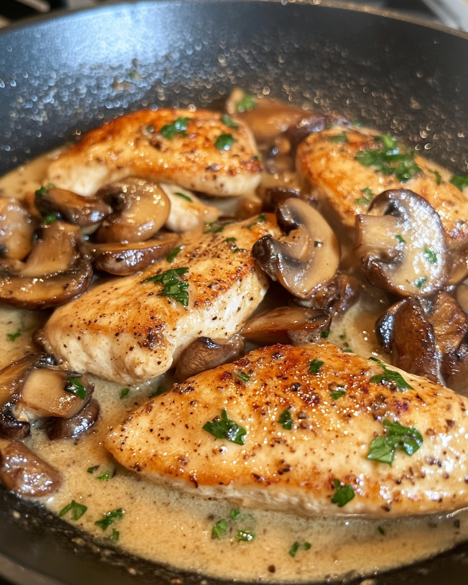 Finished cowboy butter chicken plated with golden potatoes and parsley garnish
