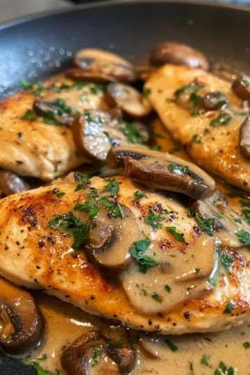 Cowboy Butter Chicken: Quick Pan Seared Chicken Breast & Creamy Garlic Mushrooms! taken with iphone 15 pro max --iw 2 --ar 4:5 --v 6.1 --raw