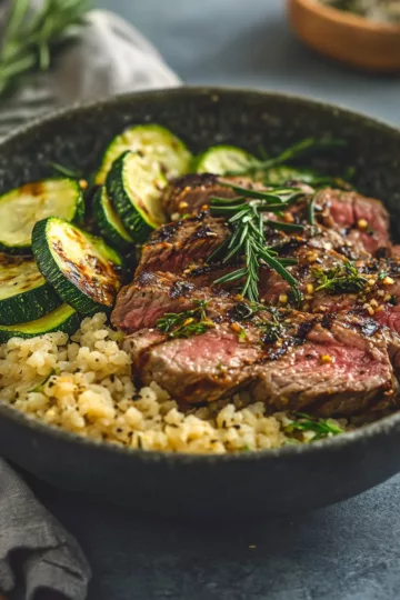 cozy grilled steak bowl with zucchini taken with iphone 15 pro max --iw 2 --ar 4:5 --v 6.1 --raw