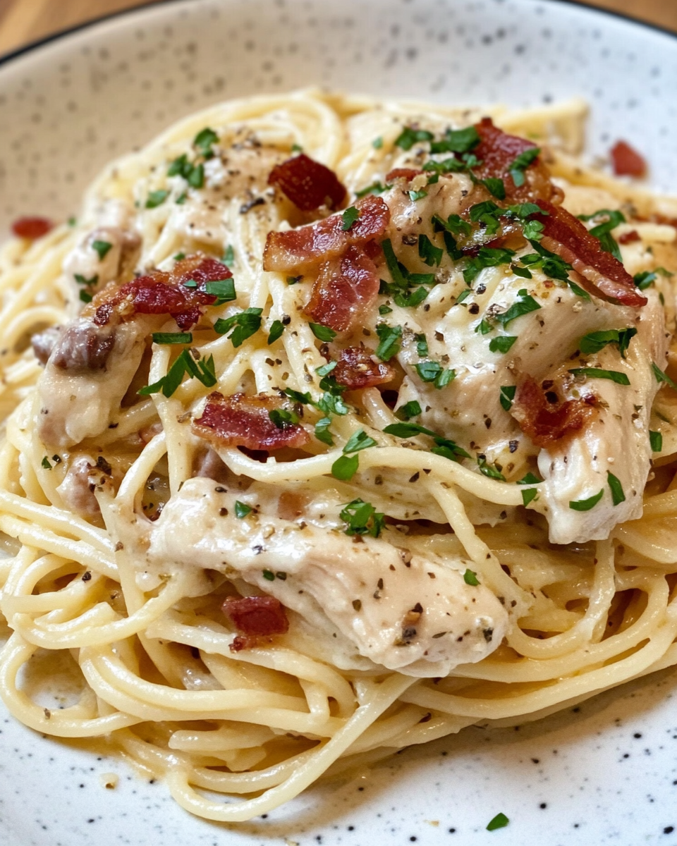 Cream cheese bacon chicken pasta plated and garnished with fresh parsley