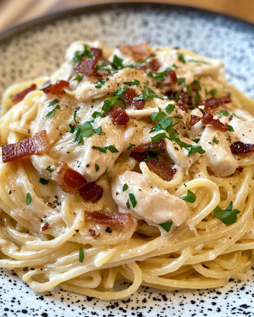 Cream cheese bacon chicken pasta freshly cooked in pressure cooker