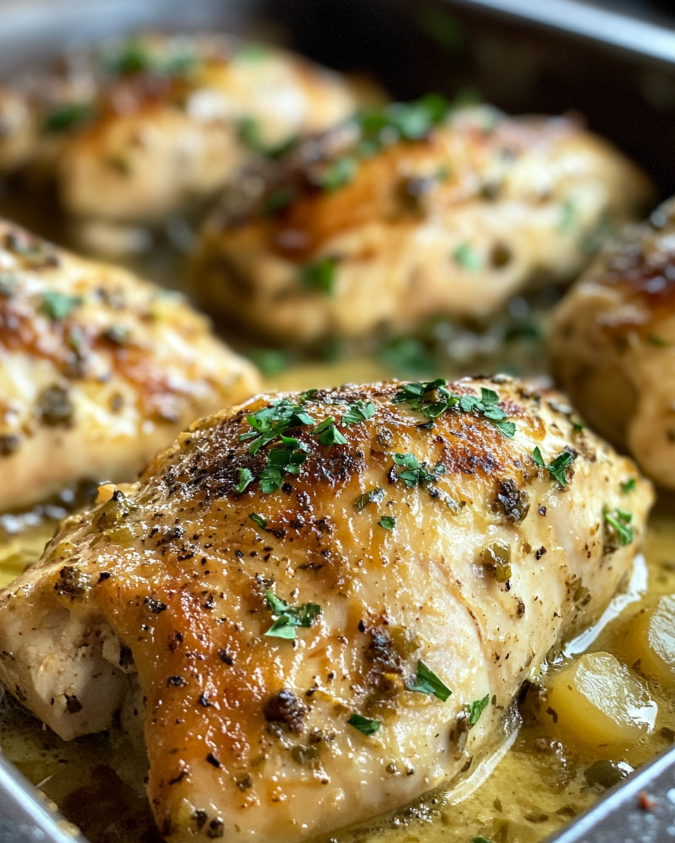 Close up of creamy baked chicken breasts served with bubbling cheese sauce