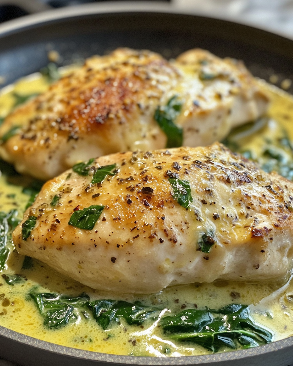 Ingredients for creamy chicken breast recipe including mushrooms, garlic, spinach, and parmesan cheese
