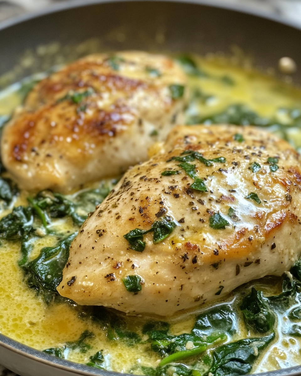 Final plated creamy chicken breast in spinach parmesan sauce garnished with fresh herbs