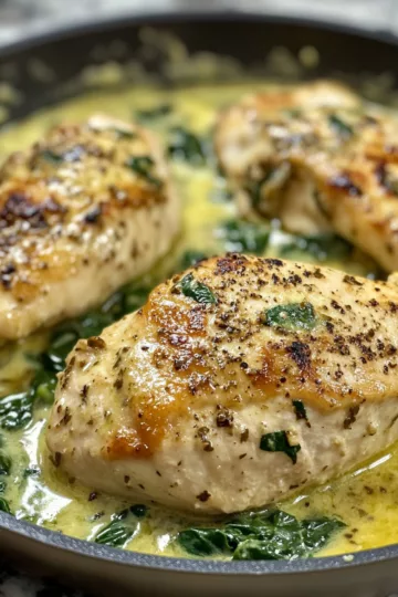 Creamy Chicken Breast Recipe in Spinach Parmesan Sauce taken with iphone 15 pro max --iw 2 --ar 4:5 --v 6.1 --raw