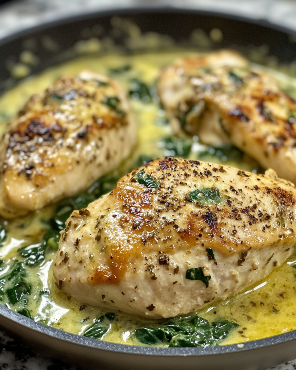 Creamy chicken breast sautéing with spinach and parmesan in skillet