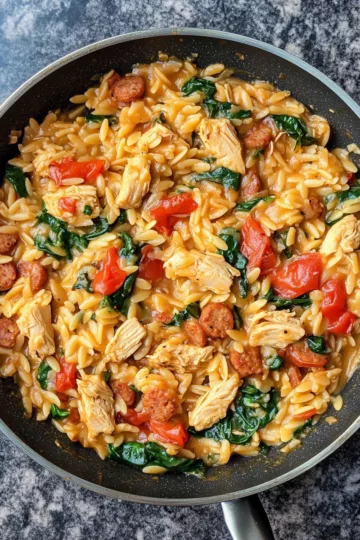 Creamy Chicken Sausage Orzo : A One-Pan Meal taken with iphone 15 pro max --iw 2 --ar 4:5 --v 6.1 --raw