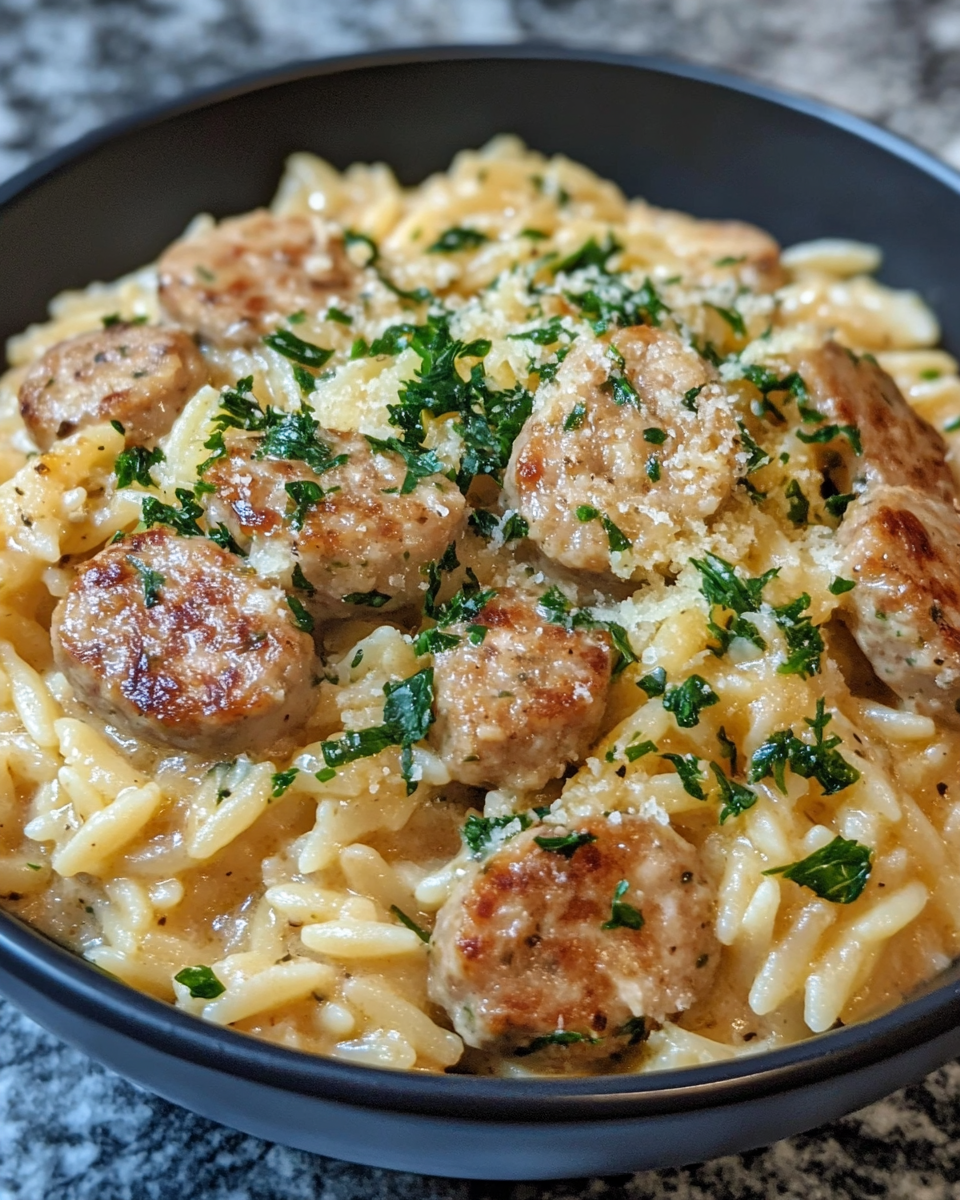Ingredients for creamy chicken sausage orzo skillet including sausage, orzo, spinach, and parmesan cheese