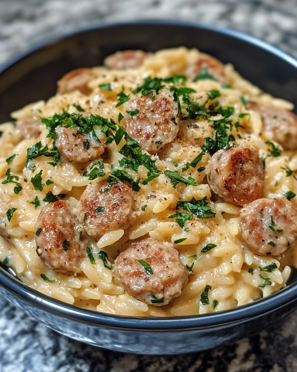Finished creamy chicken sausage orzo skillet served on plate garnished with parmesan and spinach