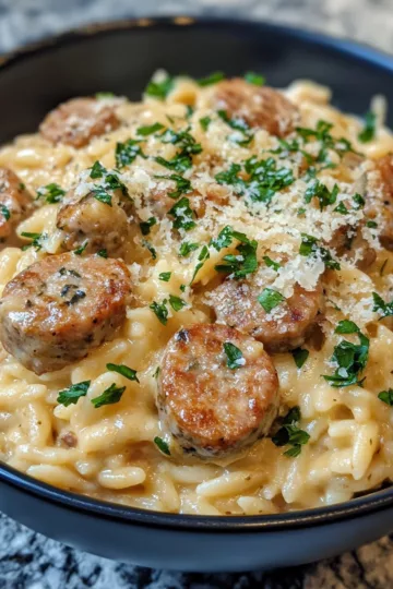 creamy chicken sausage orzo a onepan meal taken with iphone 15 pro max --iw 2 --ar 4:5 --v 6.1 --raw