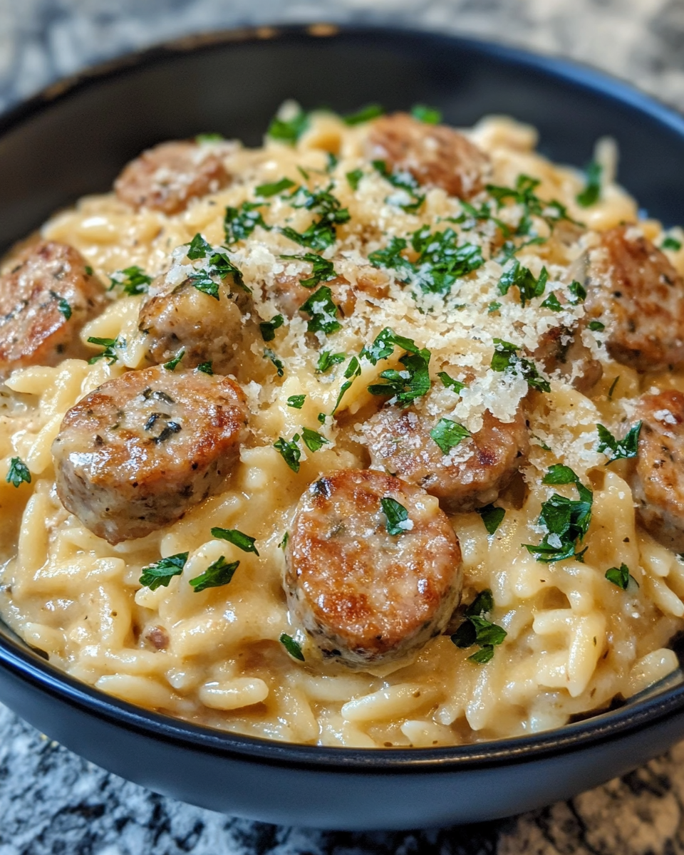 Creamy chicken sausage orzo skillet cooking in one pot