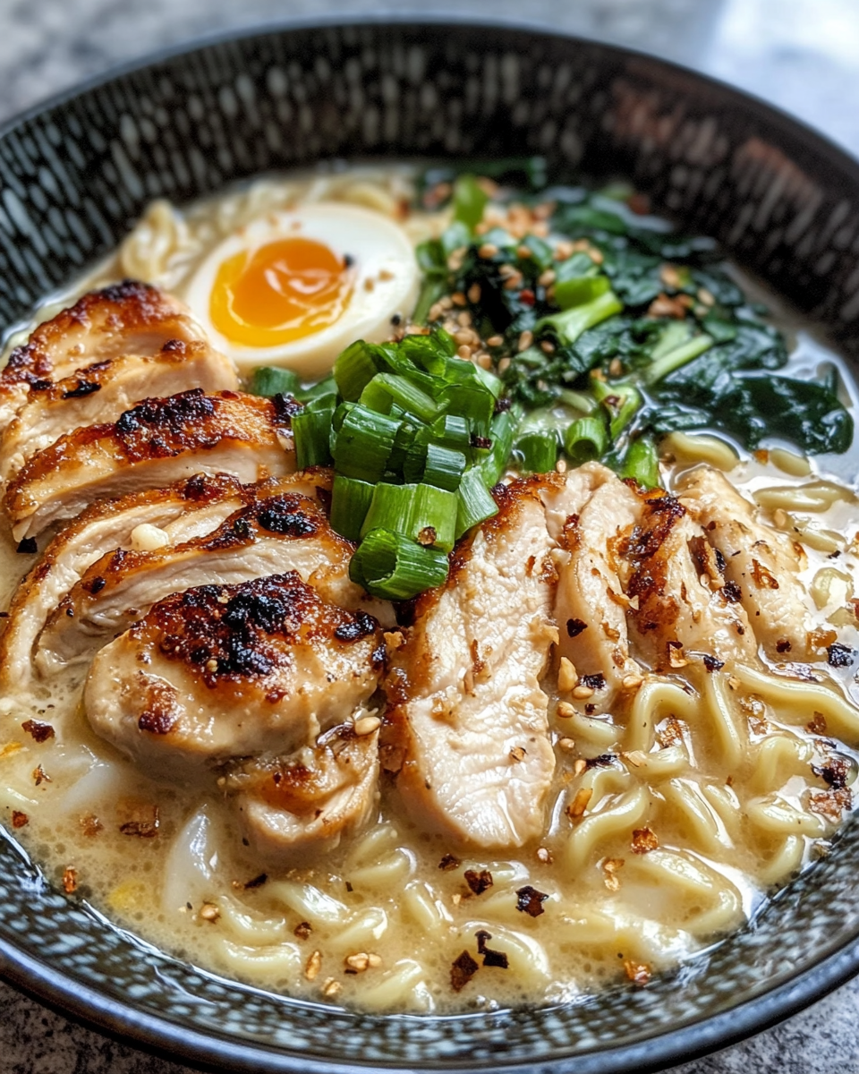 Final creamy spicy chicken ramen bowl with garnishes