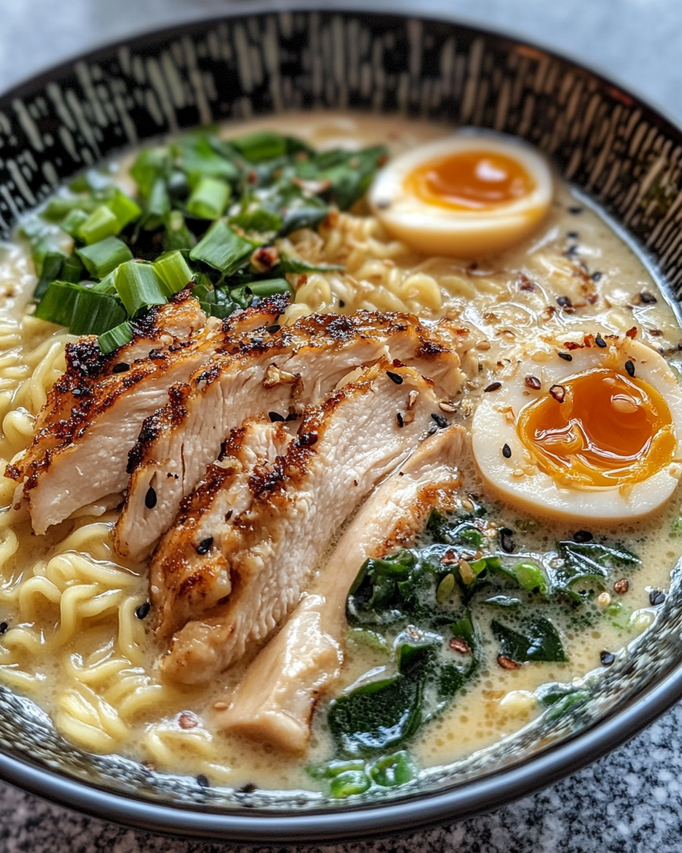 Creamy spicy chicken ramen in pressure cooker steaming and ready