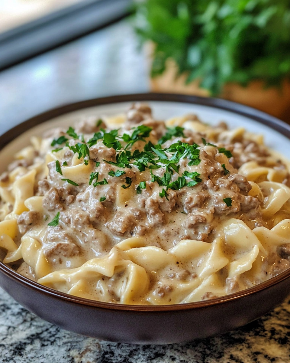 Ingredients and spices laid out for quick ground beef stroganoff