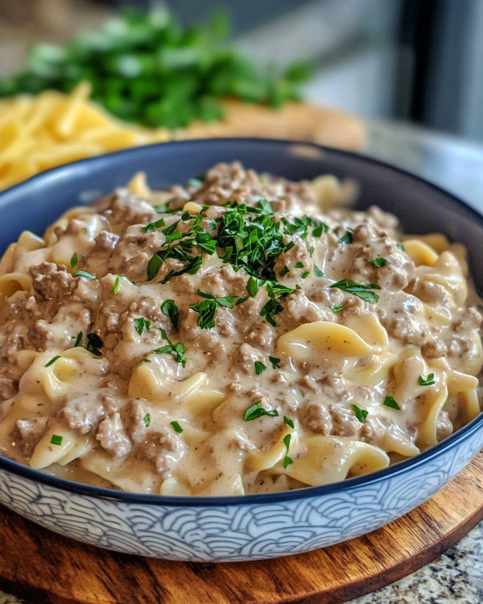 Finished creamy ground beef stroganoff plated with parsley garnish