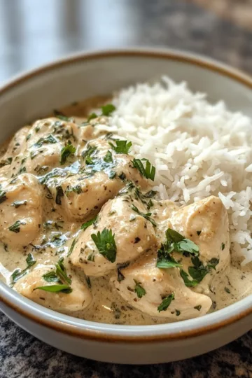 Creamy Herb Chicken & Basmati Rice taken with iphone 15 pro max --iw 2 --ar 4:5 --v 6.1 --raw