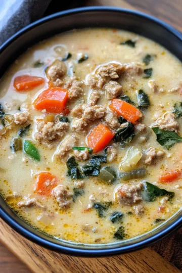 Creamy Italian Ground Chicken Soup taken with iphone 15 pro max --iw 2 --ar 4:5 --v 6.1 --raw