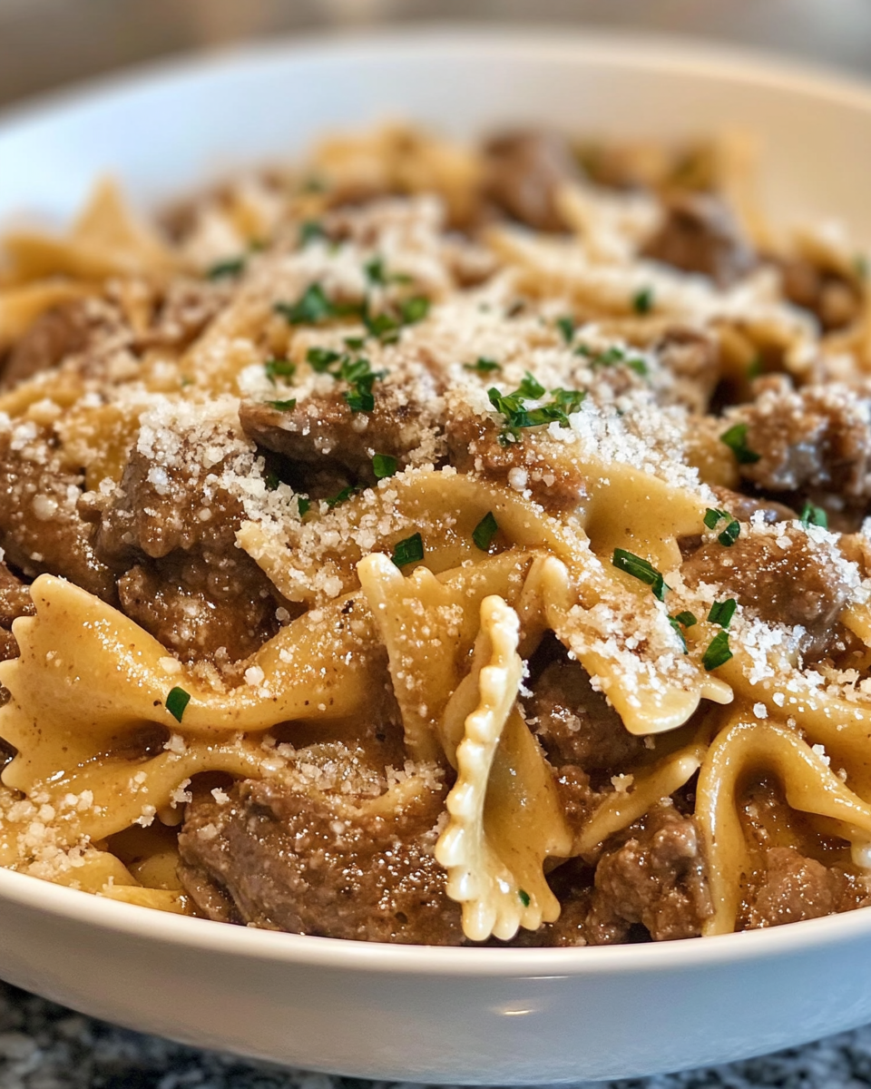 Fresh ingredients for creamy parmesan garlic beef pasta with ground beef, garlic, onions, and pasta