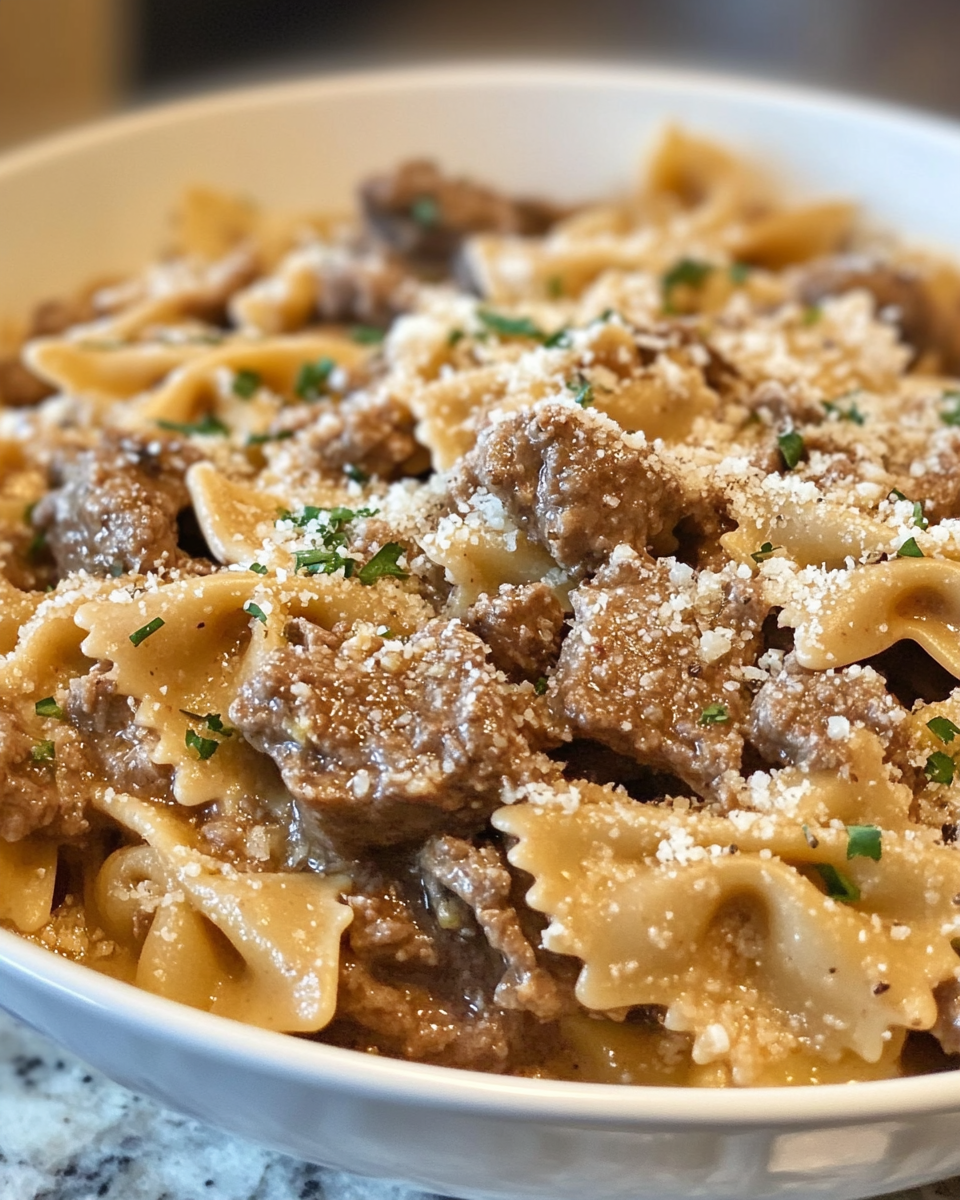 Simmering creamy parmesan garlic beef sauce thickening in skillet