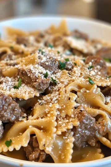 creamy parmesan garlic beef bowtie pasta taken with iphone 15 pro max --iw 2 --ar 4:5 --v 6.1 --raw