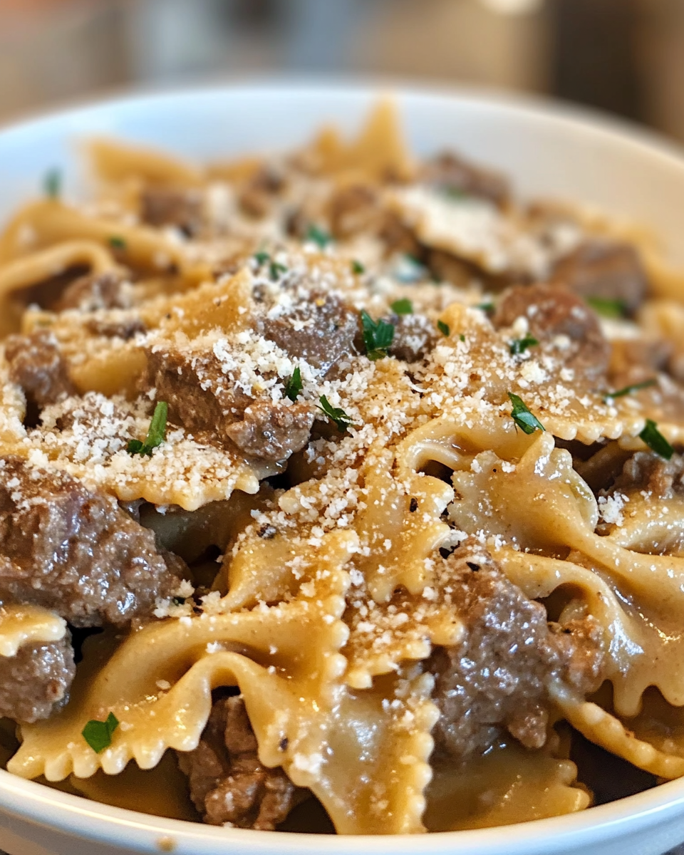 Creamy parmesan garlic beef pasta in pressure cooker steaming and smelling delicious