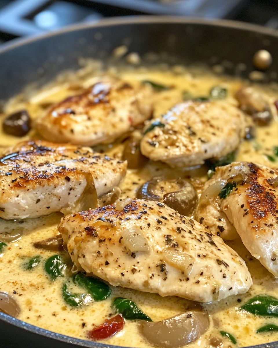 Fresh ingredients including chicken breasts, garlic, shallots, pepperoncini and coconut milk for sauce
