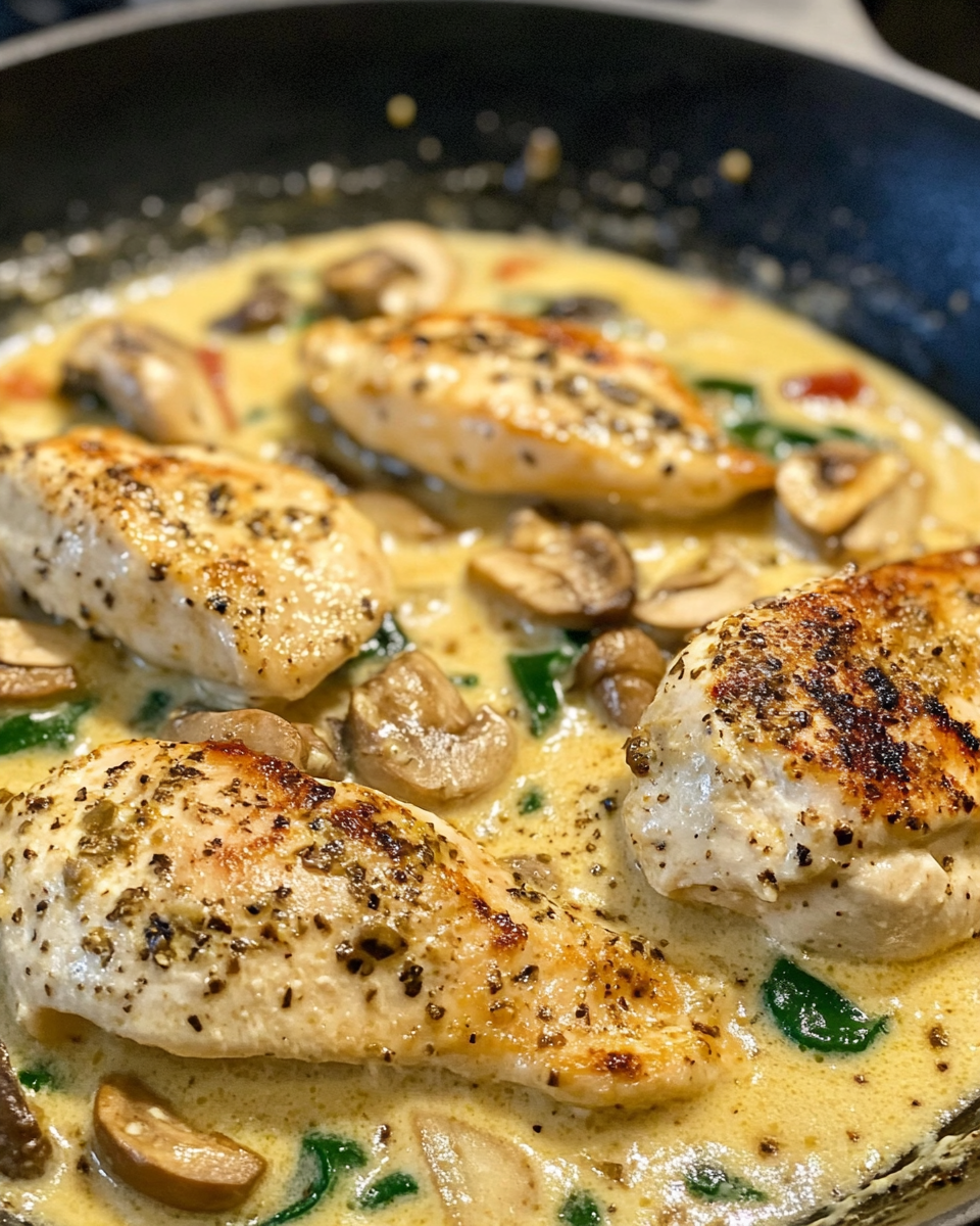 Plated creamy pepperoncini chicken served with sauce and garnished with parsley