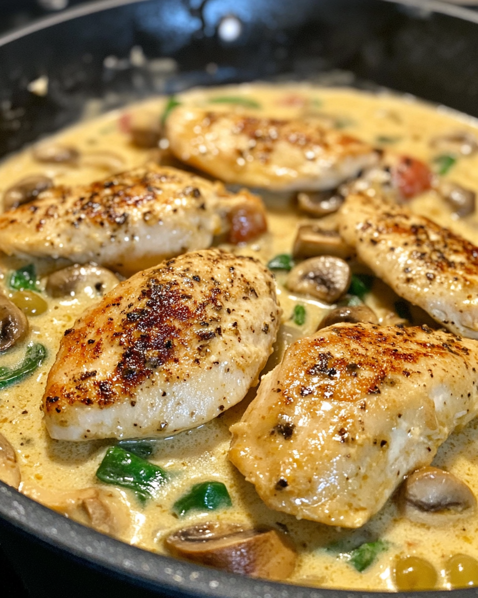 Juicy chicken breasts cooking in creamy pepperoncini sauce in skillet